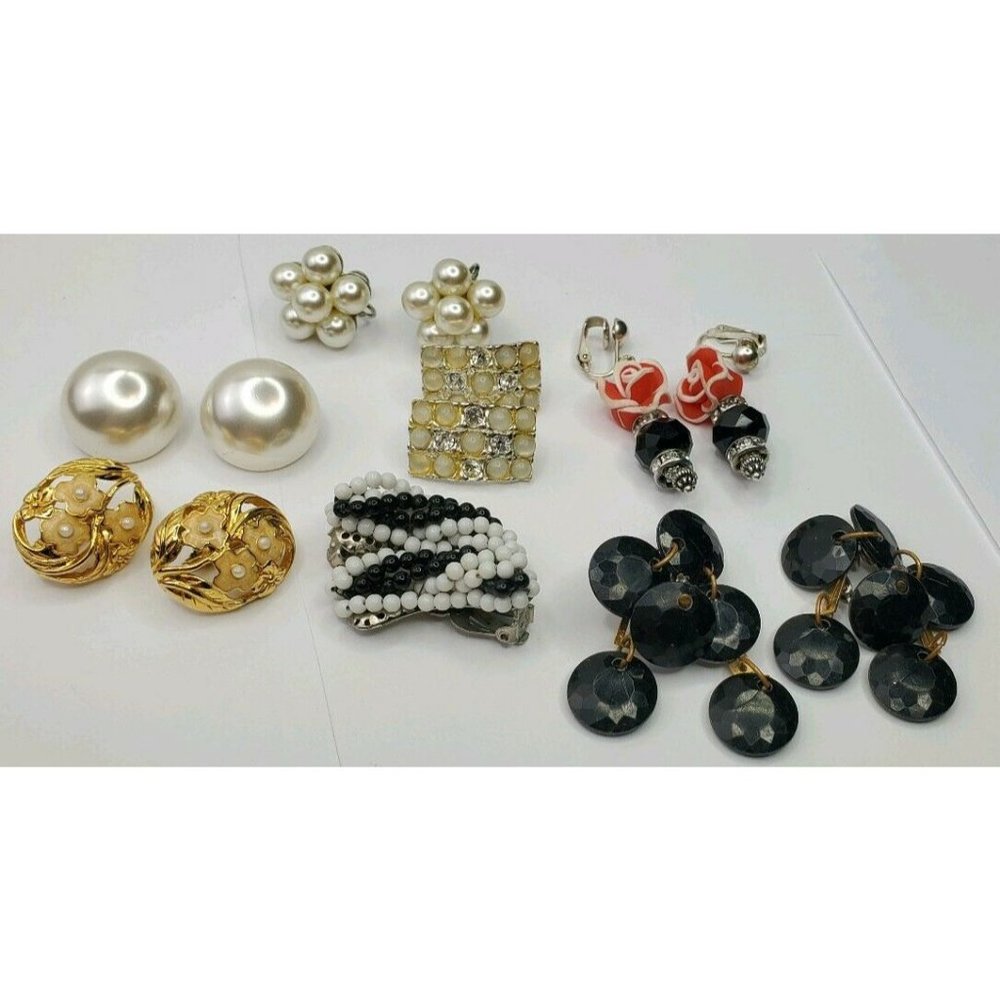 7 Pairs Vtg Earrings Clip Screw Clusters Dangles Rhinestone Enamel Rose Bead Lot